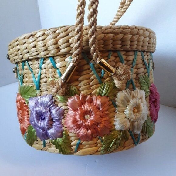 Vintage 70's Straw Floral Hats/ Tote Bag - Picture 11 of 12